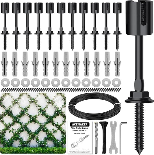 Wire Trellis Kit, 12-Set 1/8” Black Crosshead with 53ft Cable | T316 PVD black stainless steel hubs, vinyl coated cable, wall wire trellis system for outdoor climbing plants