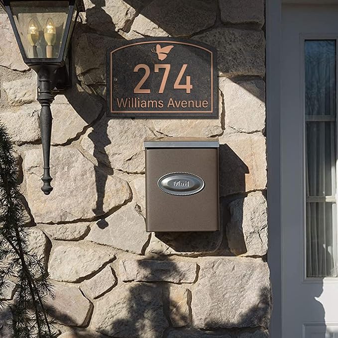 Handcrafted Address Plaque for Yard Outside House Sign, House Number Garden Wall Sign, 911 Visibility Signage, Any Font, 10 x 7 inches (Red Copper)