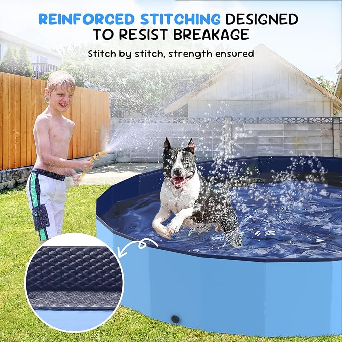 120'' Foldable Dog Pool, Kiddie Pool, Heavy Duty Non-Slip Plastic Pet Wading Pool for Large Dogs, Indoor and Outdoor Kids Pet Dog Bathtub