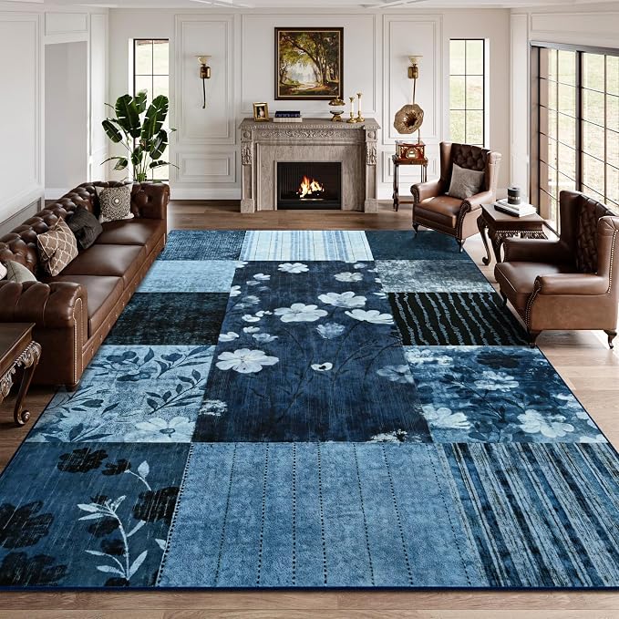 DweIke Floral Rugs for Living Room, 6x9 Washable Area Rug for Dining Room Farmhouse Office Bedroom Decor, Geometric Patchwork Stain Resistant Low Pile Indoor Floor Throw Rugs, Navy Blue