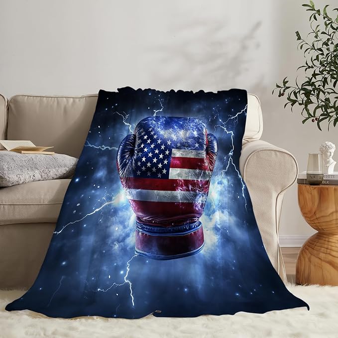 Boxing Throw Blanket Cozy Plush American Flag Gloves Blankets Flannel Fleece Lightweight Fuzzy Party Blanket Gifts for Girls Women Men Boys 50"X40"