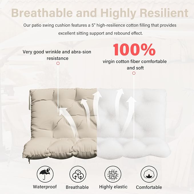 Porch Swing Cushion with Backrest,Waterproof Bench Cushion for Outdoor Furniture,2-3 Seater Replacement Thickened 5 in swing cushion,with Ties,Patio,Outdoor,Backyard and Cream (Cream,47x40 in)