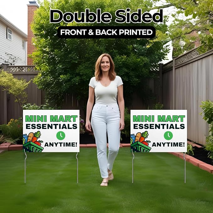 Mini-Mart - Essentials Anytime! Yard Sign by DC | 24"x18" Double Sided Conv. Store Garden Sign with 13” Metal Stakes | Outdoor Signs Waterproof for Lawn, Patio, Sidewalk & House | Set of 4