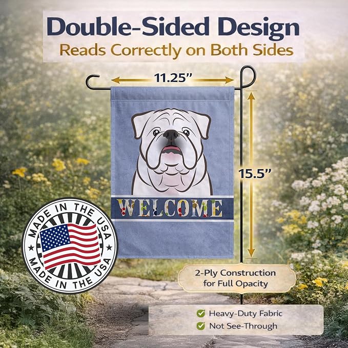Caroline's Treasures BB1406GF White English Bulldog Welcome Garden Flag, Blue Mailbox Flag Decorative Yard Flag Banner Outside Patio Artwork Yard Flower Beds, Garden Size, Multicolor
