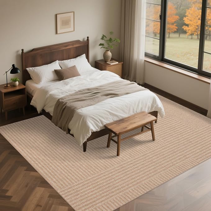 Easy Jute Rug 8x10 Outdoor: Natural Area Rugs for Patio Linen-Look Durable - Neutral Large Washable Carpet for Living Room Bedroom Dining Room Non-Slip - Beige Stripes