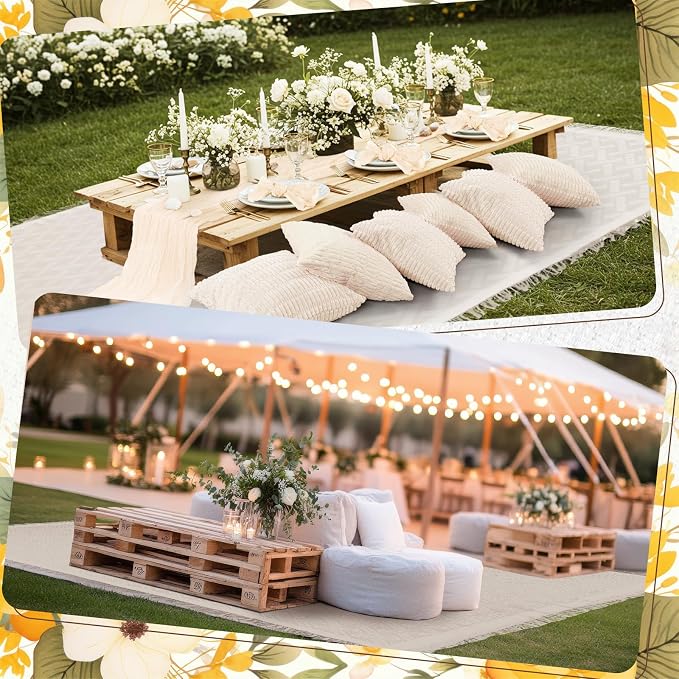 Beeveer 14 Pcs Picnic Kit 91x71 Inch Extra Large Outdoor Boho Picnic Blanket with White Table Runner, 6 Throw Pillow Cover 6 Napkin Woven Cotton Yarn Oversize Washable Beach Blanket for Camp Wedding