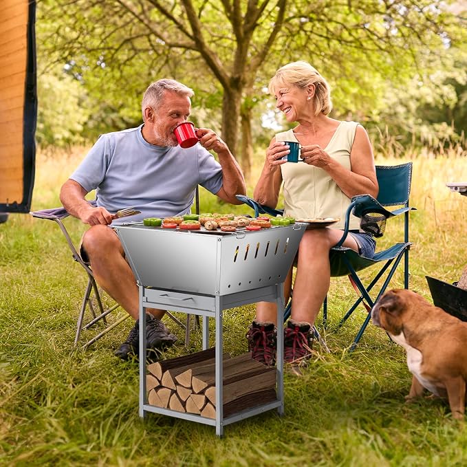 24" Fire Pit with Wood Storage, Fire Pits for Outside Wood Burning, Silver | Premium Stainless Steel, Low-Smoke Design, Removable Ash Tray, Heat-Proof Handles, for Grilling, Heating & Firewood Storage
