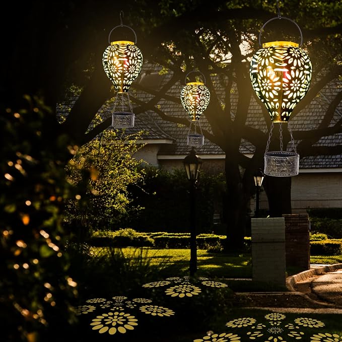 Solar Hot Air Balloon Lantern, Hanging Lanterns Outdoor Waterproof Decorative Metal LED Lantern Solar Lights for Trees Patio Garden Yard Porch Decor, Multi-Color