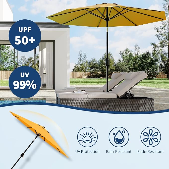 GarveeLife 10FT Patio Umbrella Outdoor, Table Umbrella with Push Button Tilt and Crank, 8 Sturdy Ribs UV Protection Waterproof for Garden, Pool, Market, Deck (Yellow)