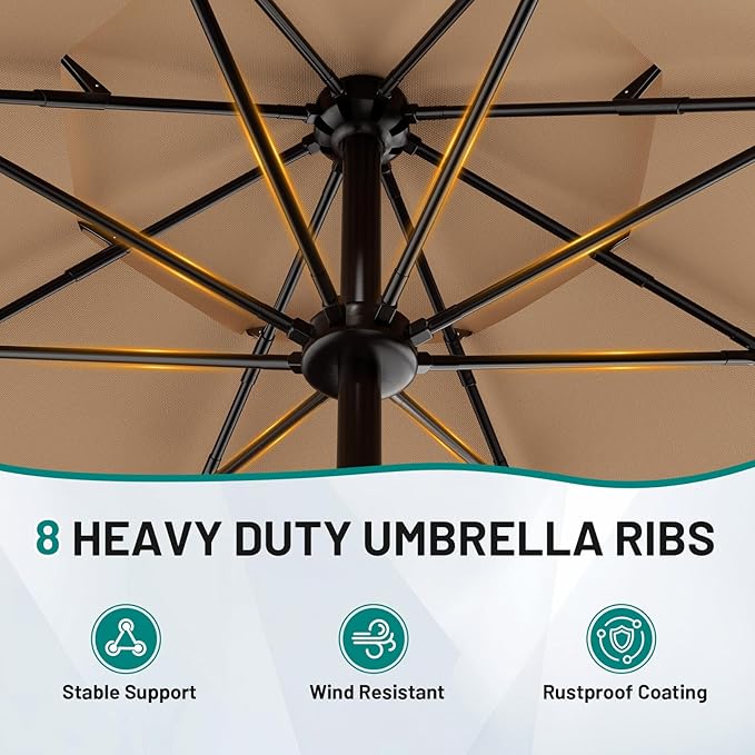 AreShark 9ft 3-Tier Patio Umbrellas, Outdoor Umbrella with 8 Sturdy Ribs UV Protection Windproof, Market Table Umbrella w/Push Button Tilt & Crank for Pool, Porch, Deck, Garden(Beige)