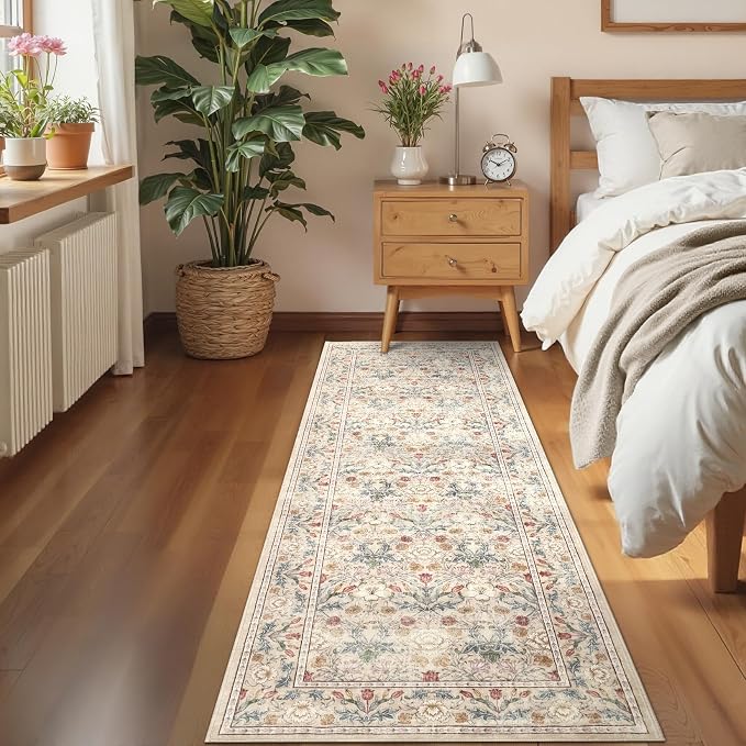 GarveeHome Washable Runner Rug 2x6, Non Slip Floral Kitchen Runner for Hallway Entryway Beige Laundry Bathroom Mat Farmhouse Thin Stain Resistant Carpet for Bedroom Beside Rug
