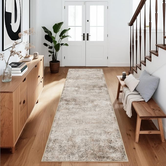 Abstract Beige Runner Rugs for Hallway: 2x6 Washable Long Bathroom Rug for Entryway Kitchen Bedroom Indoor - Easy Clean Soft Thin Floor Mat - Modern Neutral Decor Throw Carpet