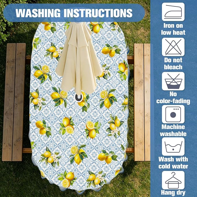 Lemon Outdoor Oval Tablecloth with Umbrella Hole 60" x 102" Waterproof Zipper Table Cloth for Patio Table - Ideal Tablecloths for Picnics, Camping, and Yard Use