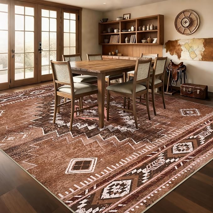 Yinhua Western 8x10 Rug for Living Room, Aztec Washable Rug for Bedroom | Soft Moroccan Large Area Rugs Non-Slip with Rubber Backing, Brown Non-Shedding Carpet for Office Nursery
