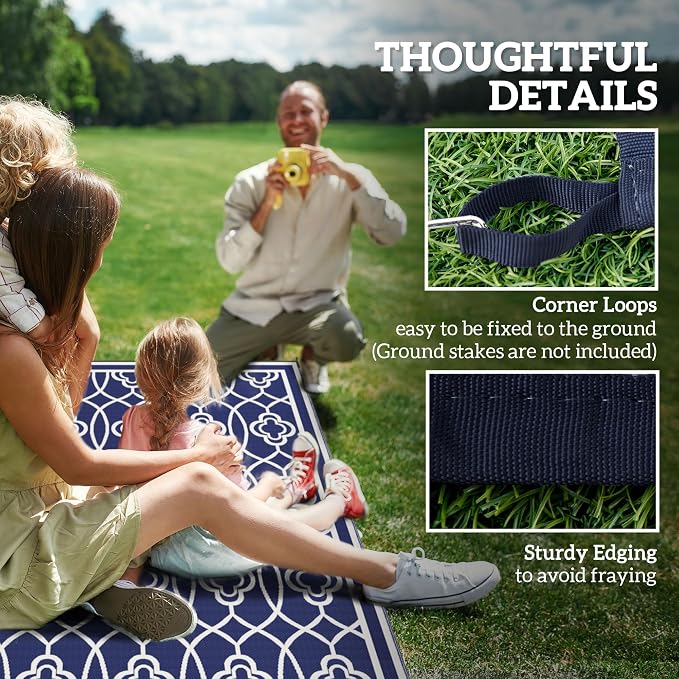 Outsunny Outdoor Rug for Patio, 9' x 18' Waterproof Large Mat, Reversible Plastic Straw Rug for Decor, Portable Outside RV Camping Area Carpet Mat for Backyard Porch Deck Picnic, Blue & White Lantern