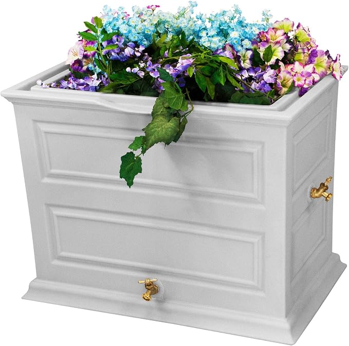 Good Ideas Savannah Colonial Style 42 Gallon Rain Saver Barrel with Self-Draining Garden Planter and Brass Spigots, Light Gray