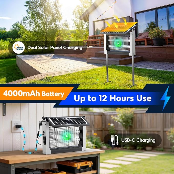 Solar Bug Zapper Outdoor, 4500V Electric Mosquito Zapper with Dual Solar Panels & USB Charging, Auto On/Off Mosquito Killer, IPX5 Waterproof Fly Trap for Backyard Patio Garden Camping, 1 Acre