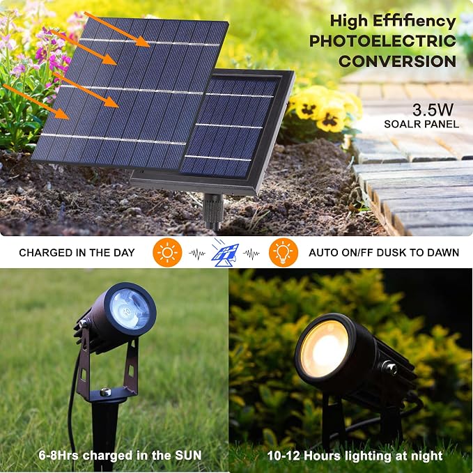 SUNLONG Solar Lights Outdoor Waterproof Solar Powered Spot Lights Aluminum Casting Landscaping Spotlight for Garden Yard Tree Uplight Downlight （Natural White）