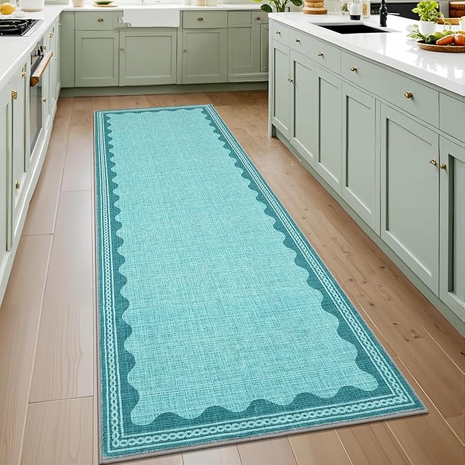 GarveeHome Scalloped Teal Door Mat Indoor Rugs for Entryway Small Rug 2x3 Washable Non-Slip TPE Backing Modern Minimalism Soft Low-Pile Throw Carpet for Bedroom Kitchen Bathroom