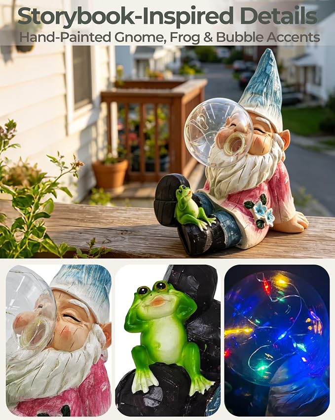 Solar Garden Gnome Statue with Colorful Glowing Bubble Light | Waterproof Resin Garden Statue, Outdoor Garden Decor for Patio, Yard, Lawn & Pathway, LED Figurine Light, 7.6 Inch