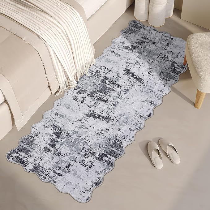 ROYHOME Scalloped Runner Rug 2x6 Modern Abstract Non Slip, Grey | Soft Stain Resistant Low Pile Machine Washable Non Shed Rug for Hallway Kitchen Bathroom