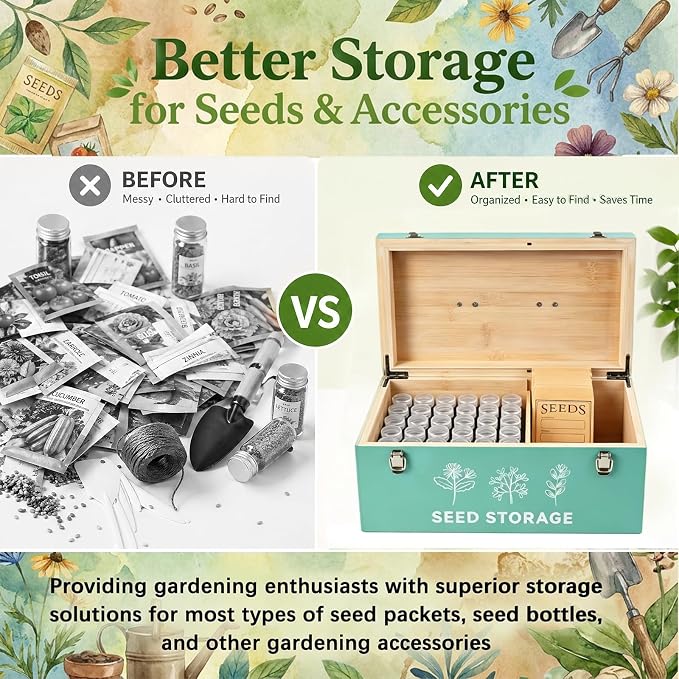 60 Slots Seed Storage Organizer, Bamboo Seed Saving Box with Lid and Safety Locks, Seeds Storage Container with 60 Seeds Envelopes and 64 Label, Perfect for Flower Plants Garden