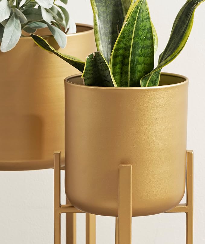Kate and Laurel Gabi Decorative Glam Metal Planters; Set of 2; Satin Gold; Modern Metallic Indoor Planter Set for Display and Decoration for Use as Living Room Planters or Porch Plant Stands