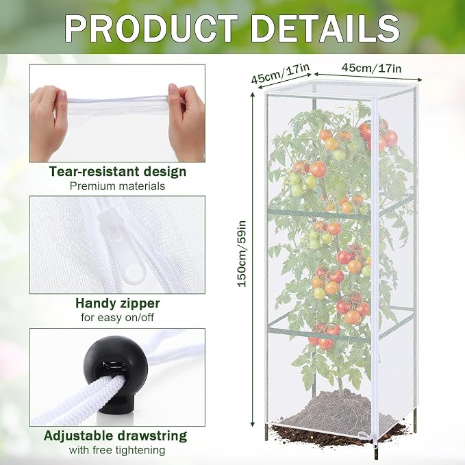 6 Pack Tomato Cage Covers, 18" x 60" Fine Mesh Plant Covers with Zipper & Drawstring, Reusable Garden Netting Protector Against Birds, Insects & Animals for Tomatoes, Peppers, Cucumbers