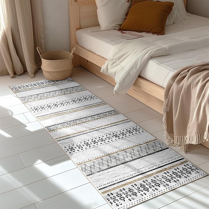 2x6 Washable Area Rugs for Living Room Boho Runner Rug Black/Brown | Vacuum Friendly, Machine Washable, Non-Slip Rug, Stain Resistant, Moroccan Geometric, Low Pile Carpet, Hallway Kitchen