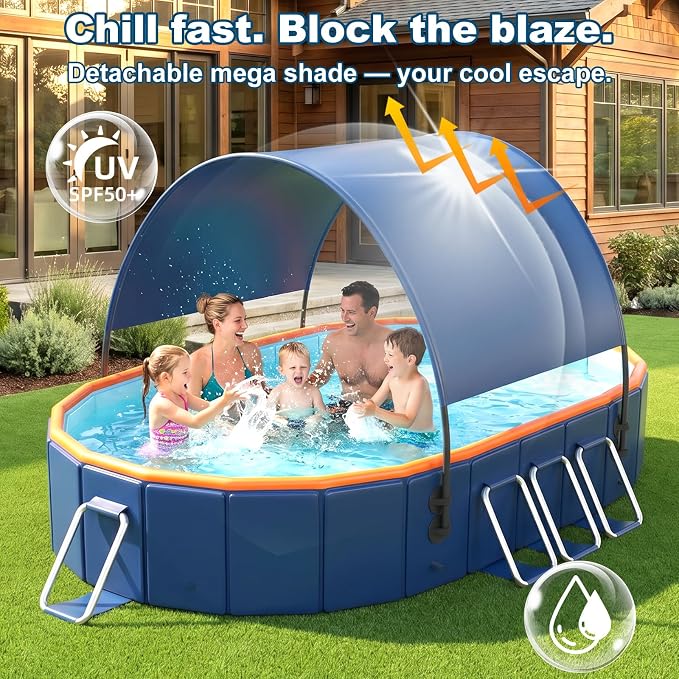 10FT Foldable Pool with UPF60+ Canopy for Audlts,Collapsible Above Ground Swimming Pool with Reinforced Triangular Supports for Backyard Family Garden