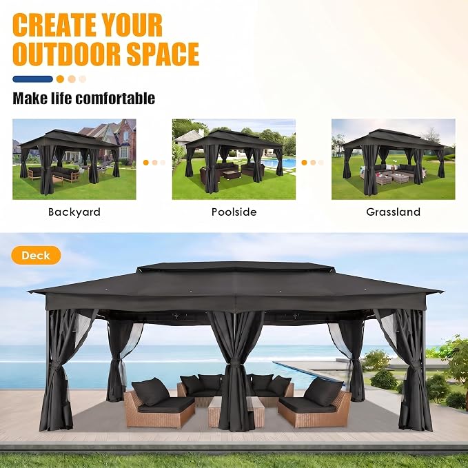COBIZI Gazebo 12x20 FT Outdoor Gazebo on Clearance with Double Ventilated Arc Roof, Privacy Curtains & Mosquito Netting, Easy Set up Canopy Tent with Stable Metal Frame for Patio Black