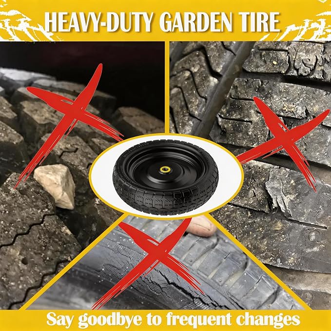13" G orilla Cart Tires Flat Free, 300LB Capacity, with 5/8" Axle Bore Hole, 2.2" Offset Hub, Solid Rubber Tire for GOR Garden Cart, Trolleys, Hand Trucks, Yard Trailers, 2 Pack