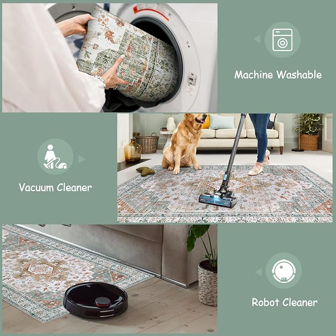 Moynesa Ultra-Thin Washable Runner - 2'6" x 8' Hallway Rug, Kitchen & Bathroom Carpet, Vintage Printed Low Pile Entryway Runner for Apartment, Camper, RV, Beige/Gold