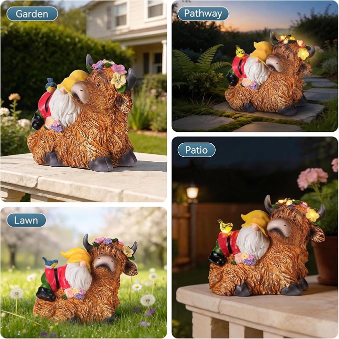 Highland Cow Gnome Statue, Highland Cow Gnomes Garden with LED Lights and Bird, Solar Garden Statues for Yard, Patio, Balcony, Lawn Ornaments Figurines Gifts for Women, Mom