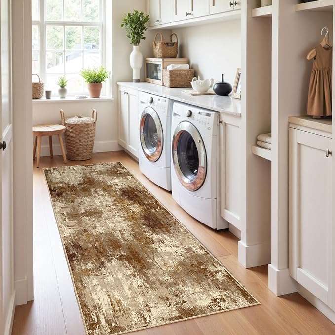 RELEANY Washable Runner 2'x8' Abstract Area Rug for Hallway Brown Tan | Carpet for Kitchen, Entryway, Bathroom, Living Room, Bedroom, Printed Pattern, Non‑Slip, Soft, Stain‑Resistant, Easy to Clean