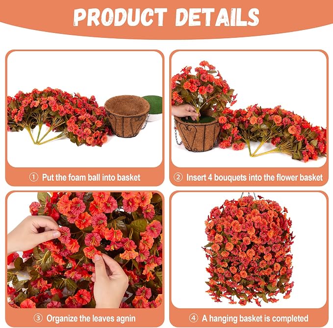 INXUGAO Artificial Flowers Plants with Hanging Basket, Fake Realistic Silk Morning Glory Petunia Long Vines, Faux Flower Arrangement for Outdoor Garden Patio Decor, OrangeRed