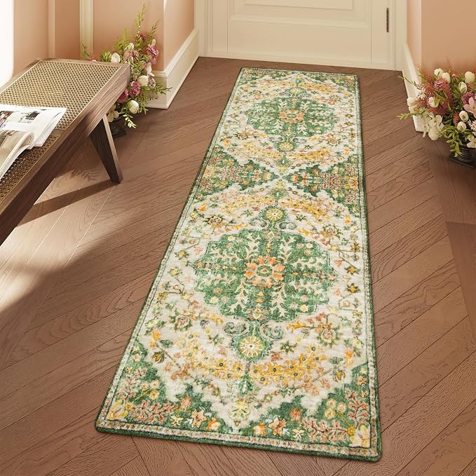 Lahome Reine Bohemian 2x6 Washable Hallway Runner Rug, Kitchen Runner Rugs Non Skid Washable, Floral Medallion Soft Bathroom Carpet Runners for Laundry Room Bedroom Foyer Entryway, Yellow/Green/Multi