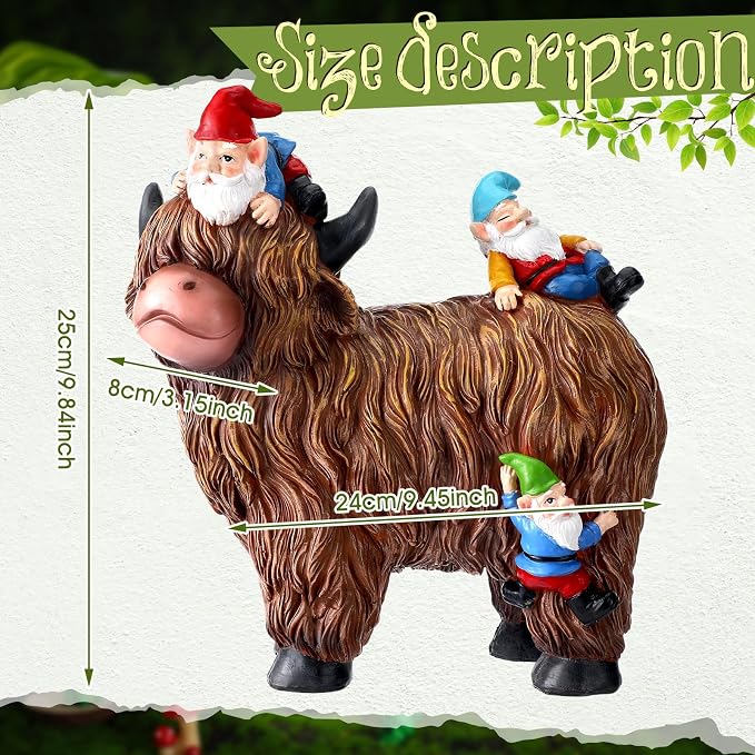 Suzile Garden Gnomes Statues Decor 9.84'' Highland Cow Garden Statues Resin Gnome Sitting on Highland Cow Birthday Gifts for Woman Mom for Home Table Yard Patio Lawn Porch