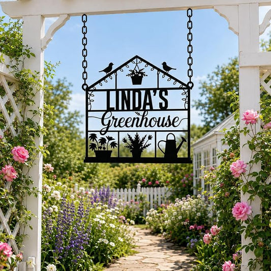 Personalized Greenhouse Garden Sign, Custom Metal Garden Name Plaque with Rustic Finish, Outdoor Yard Art for Plant Lovers, Unique Mothers Day & Gardener Gift for Patio Decor