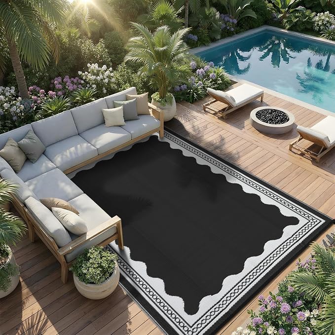 Garvee Outdoor Rug 8x10 Scalloped Waterproof Patio RV Outdoor Rugs Reversible Foldable Plastic Straw Rug Modern Camping Carpet for Deck Camper Porch Balcony Backyard Picnic Beach Black and White