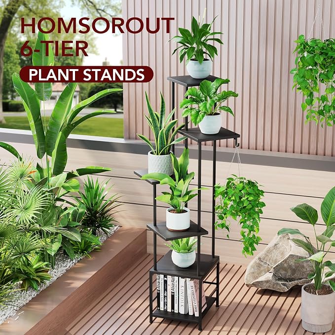 Homsorout Plant Stand Indoor with Grow Light - 6-Tier Metal Plant Shelf with Hanging Basket Hook, Corner Tall Flower Holder for Multiple Plants, Living Room Balcony Garden Patio, Black