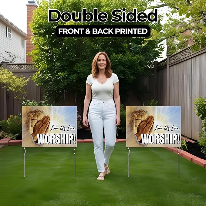 Join Us for Worship! Yard Sign by DC | 24"x18" Double Sided Church Garden Sign with 13” Metal Stakes | Outdoor Signs Waterproof for Lawn, Patio, Sidewalk & House | Set of 4 | Made in USA