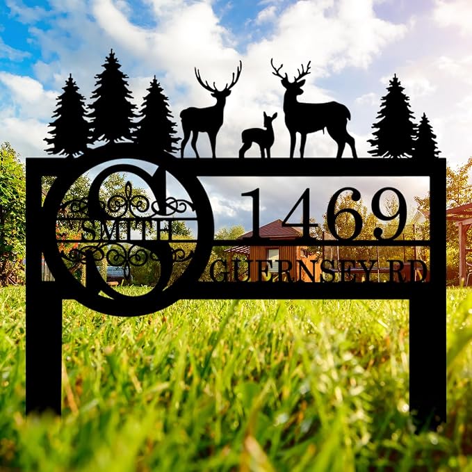 Personalized Deer Wildlife Decor for Outside, Custom Garden Address Sign with Metal Stake, Address House Number Sign, Name Farmhouse Decoration, Yard Housewarming Gift, Camping Decor for Outdoor