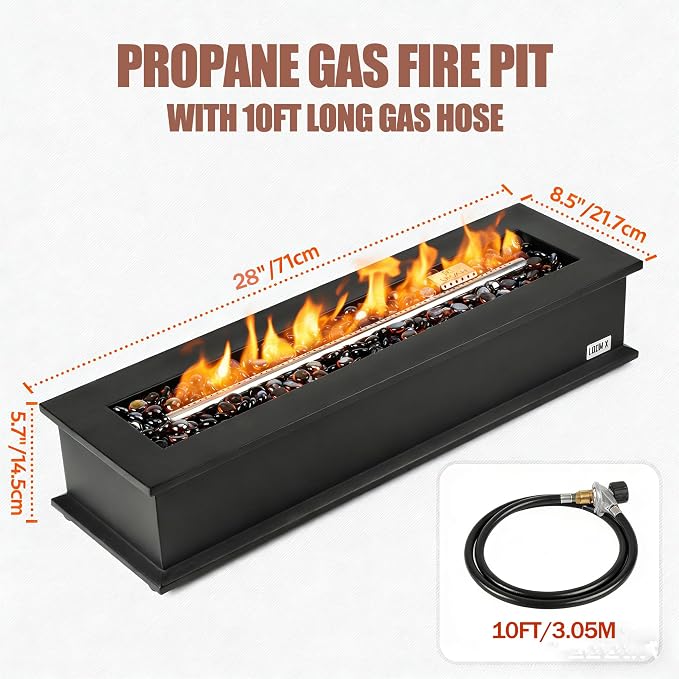 28" Propane Gas Fire Pit with 10FT Hose, Covers & Glass Beads, Portable Smokeless Tabletop Fireplace for Patio Backyard Camping RV Tailgating, Gift Choice, 40000BTU, FP063