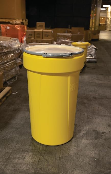 Eagle 55 Gallon Plastic Drum with Lid, Metal Lever-Lock, 39.1"x23.8", Open Head Lab Pack Drum Made of Durable, Lightweight HDPE, Withstands Weather and Chemicals, Made in USA, Yellow, 1655M