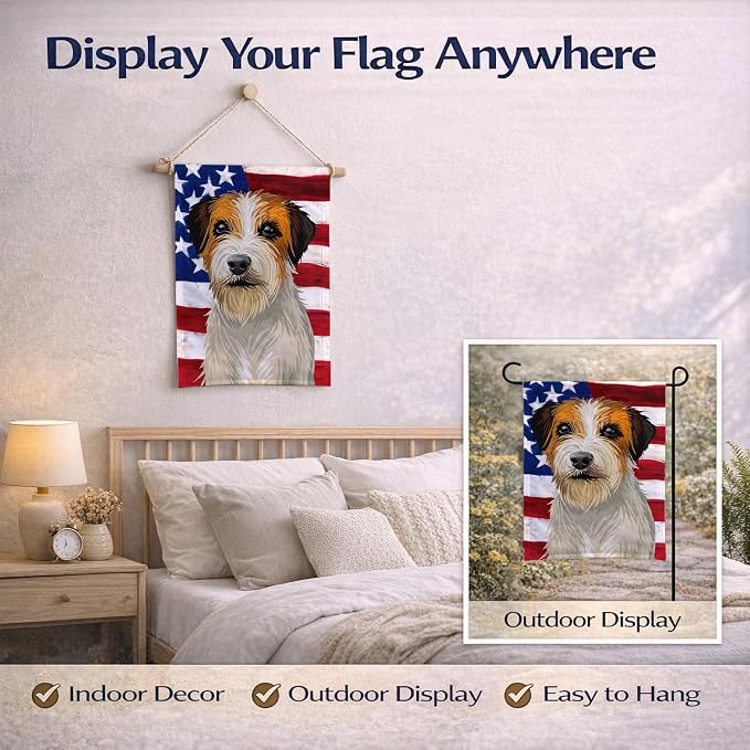 Caroline's Treasures CK6678GF Russell Terrier Dog American Flag Garden Flag Mailbox Flag Decorative Yard Flag Banner Outside Patio Artwork Yard Flower Beds, Garden Size, Multicolor