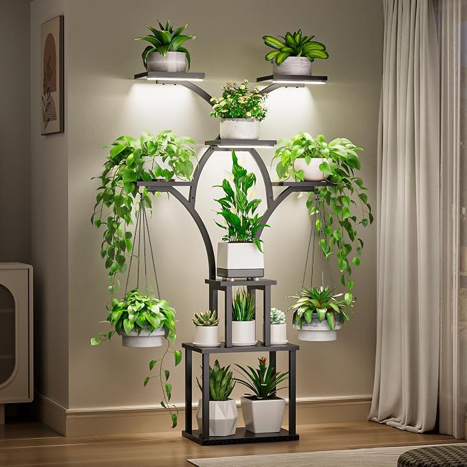 Elbourn 8 Tiered 60" Tall Plant Stand Indoor Shelf with Grow Lights (Black) | Corner Shelf Decor
