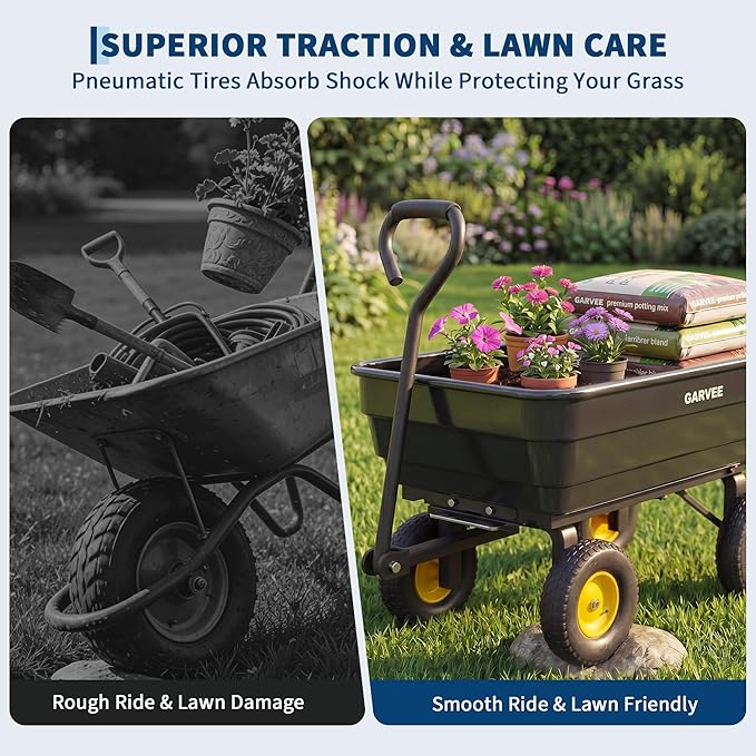 Garvee Poly Garden Dump Cart, Heavy Duty 600lbs Wheelbarrow Yard Cart Dump Wagon with 10”All Terrain Wheels, Garden Utility Wagon with Quick Release System& Convertible Handle Attach to ATV (Black) | Heavy Duty,10”All Terrain Wheels, Garden Utility Wag...