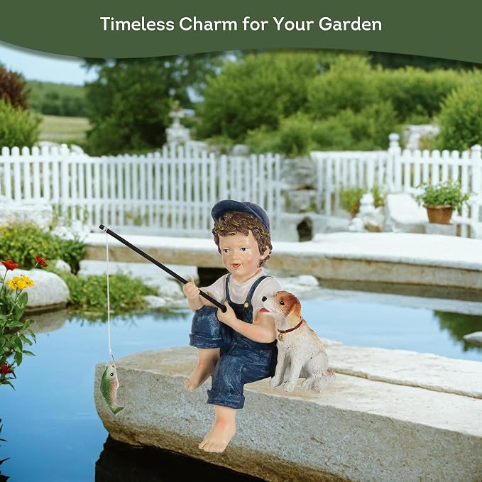 Lily's Home 11-Inch Fishing Boy and Dog Statue - Resin Garden Decor for Outside - Outdoor and Garden Decorations - Cottage Style Garden Statues Yard Art
