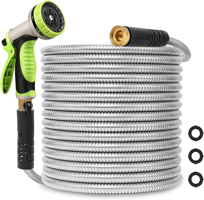 Metal Garden Hose 50ft Stainless Steel Hose Heavy Duty Flexible Water Hose with 10 Way Spray Nozzle Durable 3/4 Solid Brass Fittings-Outdoor Yard Lightweight No Kink Collapsible Water Pipe